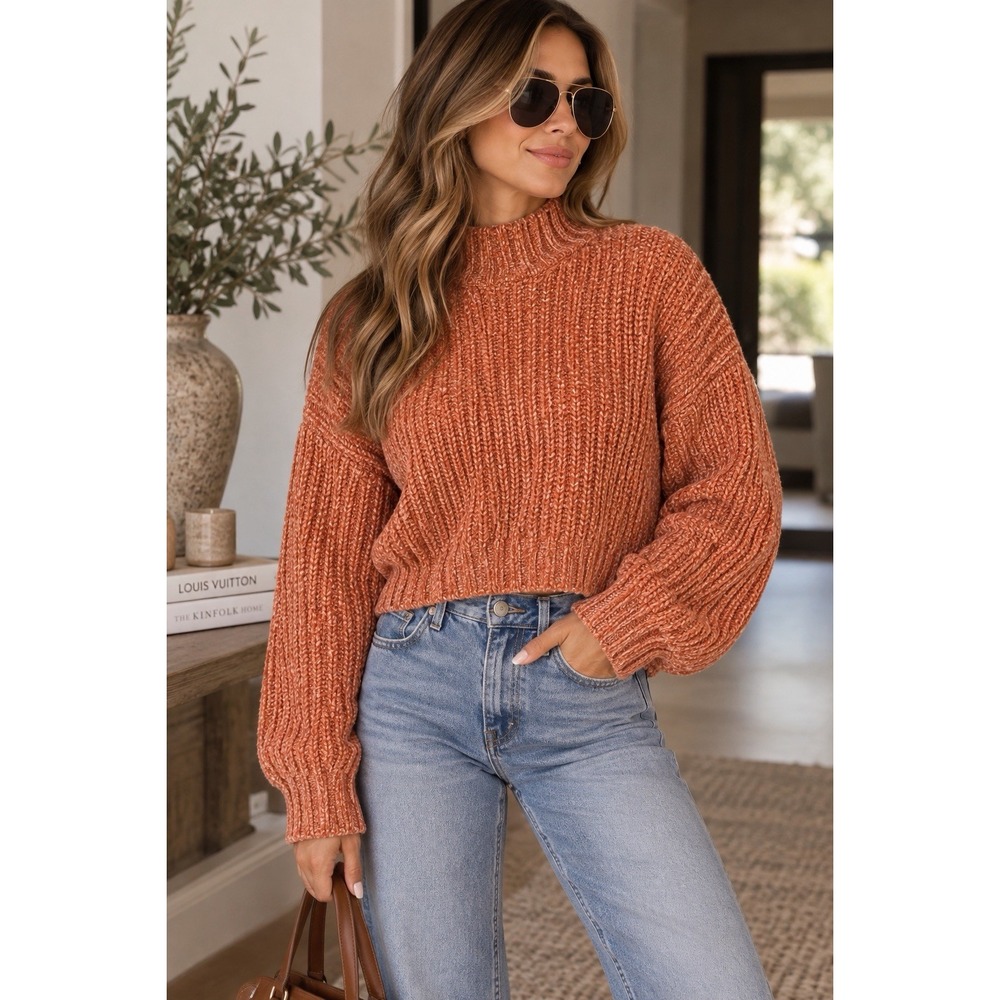 NEW Sincerely Jules Sweater Sz M Coral Orange Mock Neck Cropped Chunky Knit NWT